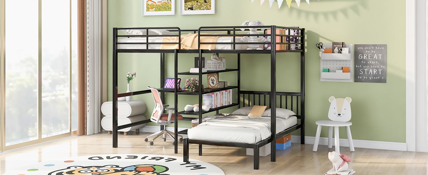 Full Over Twin Metal Bunk Bed With Built-In Desk, Shelves And Ladder, Black