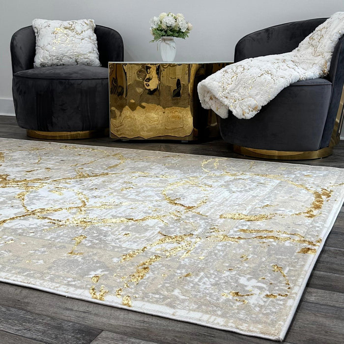 Penina Luxury Area Rug In Beige Circles Abstract Design - Gray / Gold
