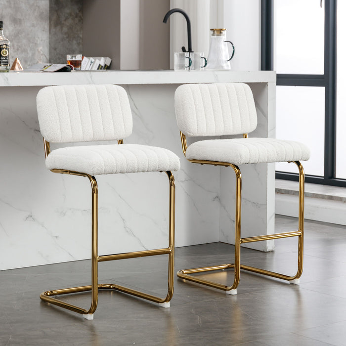 Mid-Century Modern Counter Height Bar Stools For Kitchen (Set of 2), Armless Bar Chairs With Gold Metal Chrome Base For Dining Room, Upholstered Boucle Fabric Counter Stools, Ivory