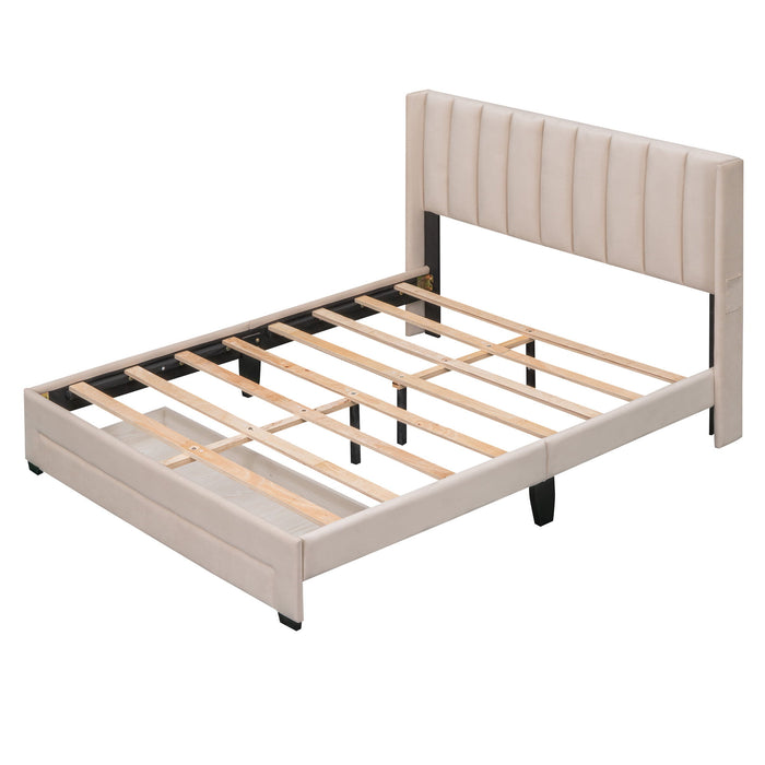 Queen Size Storage Bed Velvet Upholstered Platform Bed With Big Drawer - Beige