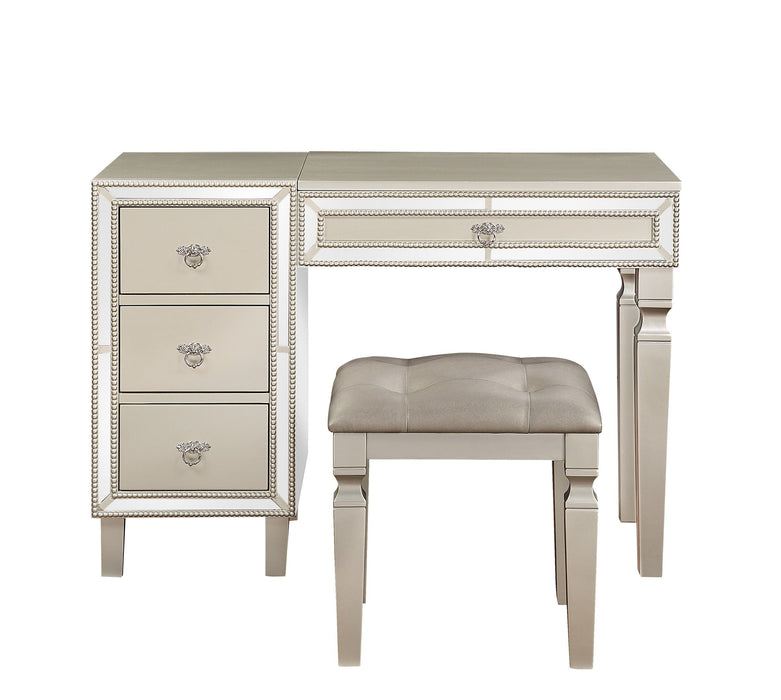 Traditional Formal Silver Color Vanity Set Stool Storage Drawers 1 Piece Bedroom Furniture Set Tufted Seat Stool