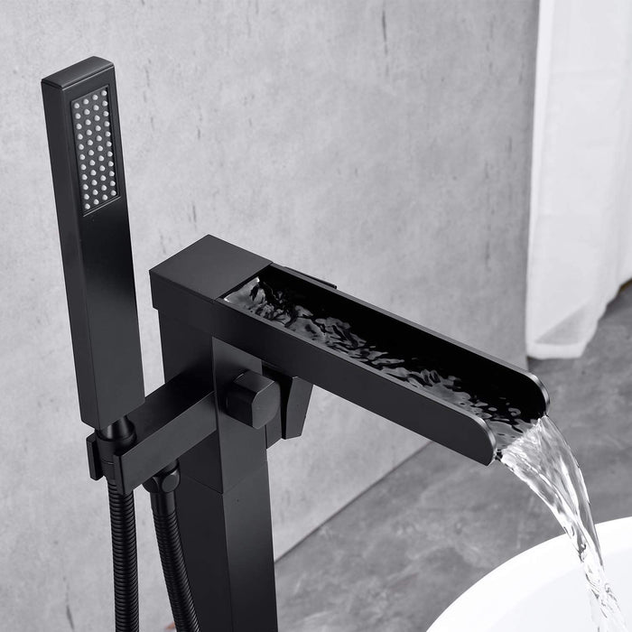 Bathroom Freestanding Waterfall Tub Filler Floor Mount Faucet With Hand Shower -Matte Black
