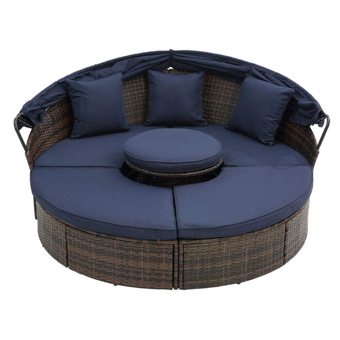 Hot Sale Kd Rattan Round Lounge With Canopy Bali Canopy Bed Outdoor, Wicker Sofa Bed With Lift Coffee Table - Navy Blue