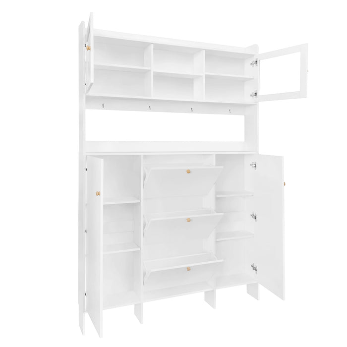 On-Trend Contemporary Shoe Cabinet With Open Storage Platform, Tempered Glass Hall Tree With 3 Flip Drawers, Versatile Tall Cabinet With 4 Hanging Hooks For Hallway, White