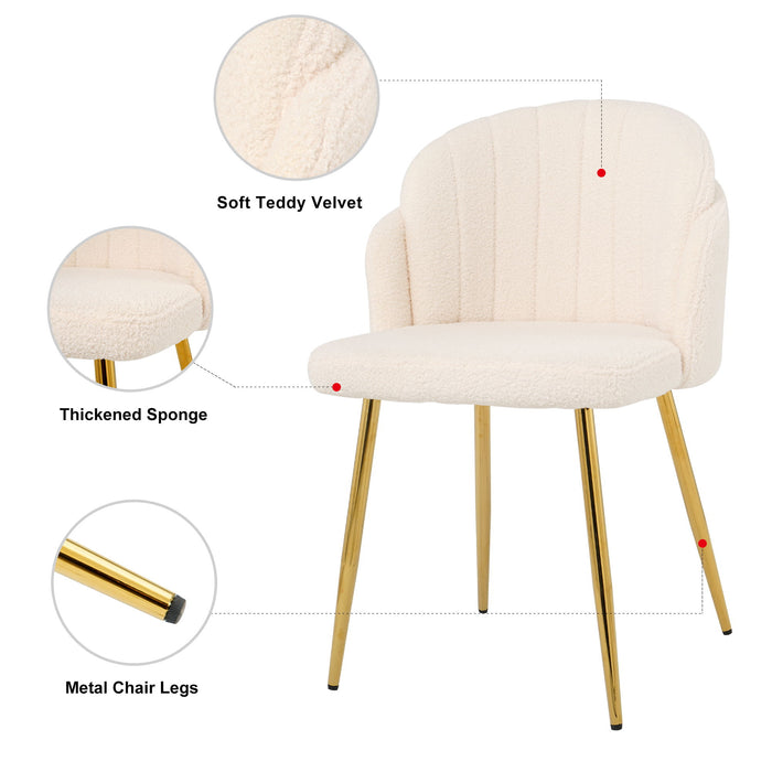 Modern Simple Teddy Fleece Dining Chair Fabric Upholstered Chairs Home Bedroom Stool Back Dressing Chair Gold Metal Legs (Set of 2)