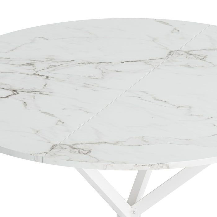 Modern Cross Leg Round Dining Table, White Marble Top Occasional Table, Two Piece Removable Top, Matte Finish Iron Legs - White