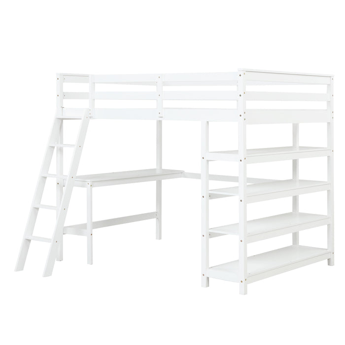 Full Loft Bed With Desk, Ladder, Shelves - White