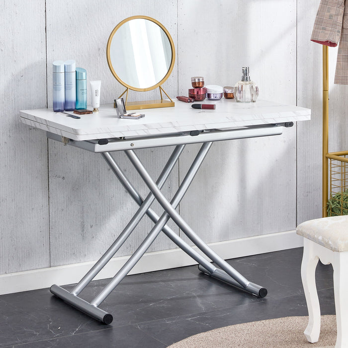 Modern Minimalist Multifunctional Lift Table With 08"MDF Desktop And Silver Metal Legs, Can Be Used As A Dressing Table, Coffee Table, Dining Table, And Office Table