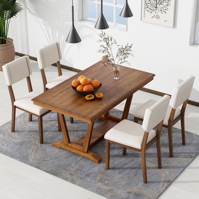 Top max Rustic 5 Piece Dining Table Set With 4 Upholstered Chairs, 59- Inch Rectangular Dining Table With Trestle Table Base, Walnut