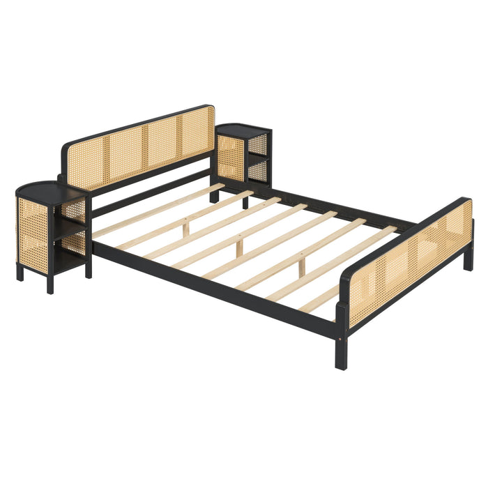 3 Pieces Rattan Platform Full Size Bed With 2 Nightstands, Espresso