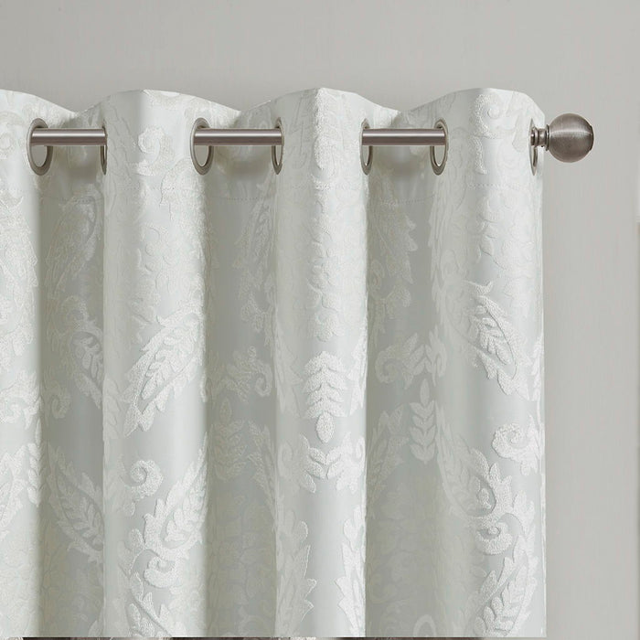 Knitted Jacquard Paisley Total Blackout Grommet Top Curtain Panel - White