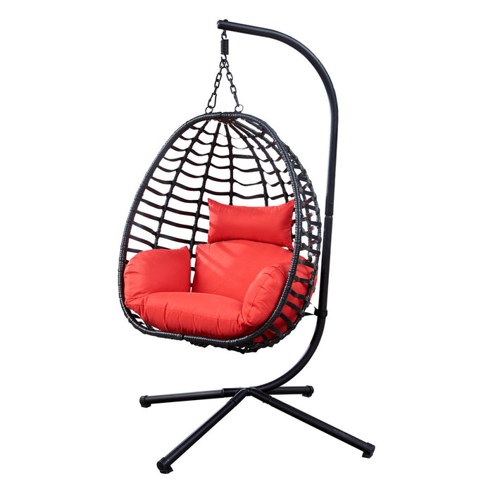 Outdoor Rattan Hanging Oval Egg Chair In Stock, 37"X35"Dx78"H (Red)