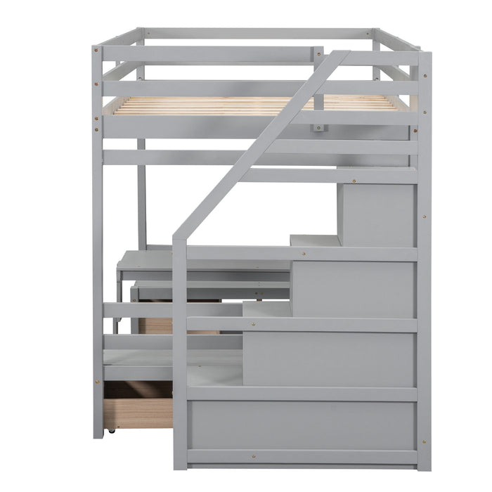Full Over Full Size Bunk With Staircase, The Down Bed Can Be Convertible To Seats And Table Set, Gray
