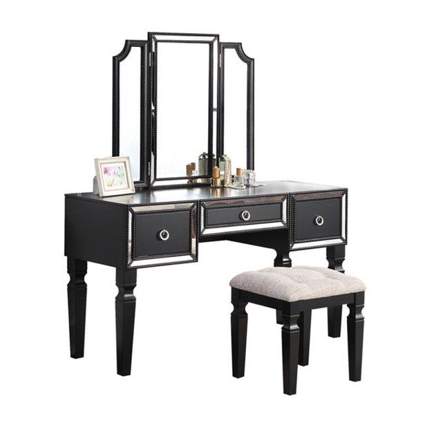 Luxurious Majestic Classic Black Color Vanity Set Stool 3- Storage Drawers 1 Piece Bedroom Furniture Set Tri-Fold Mirror