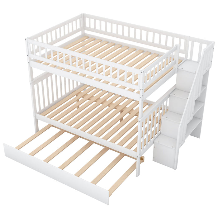 Full Over Full Bunk Bed With Trundle And Staircase, White