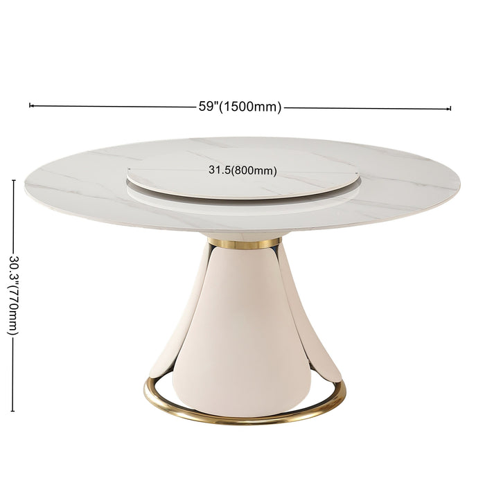 Modern Sintered Stone Dining Table With Round Turntable For 8 Person With Wood And Metal Exquisite Pedestal