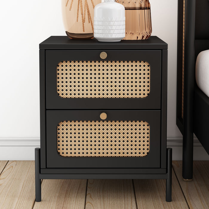 Modern Cannage Rattan Wood Closet 2-Drawer Side Table End Table Nightstand For Bedroom, Living Room, Entryway, Hallway, Black