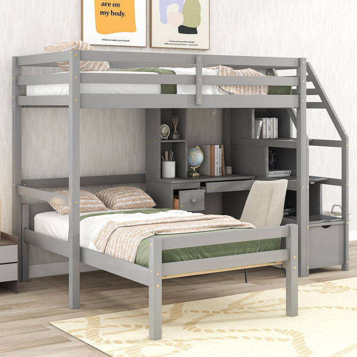 Twin Size Loft Bed With A Stand - Alone Bed, Storage Staircase, Desk, Shelves And Drawers, Gray