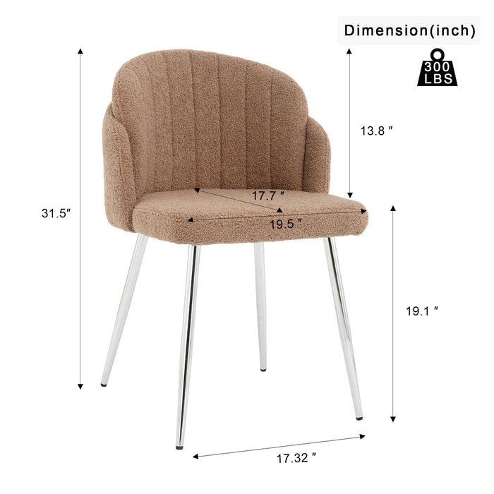Modern Simple Brown Teddy Fleece Dining Chair Fabric Upholstered Chairs Home Bedroom Stool Back Dressing Chair Chrome Metal Legs (Set of 2)
