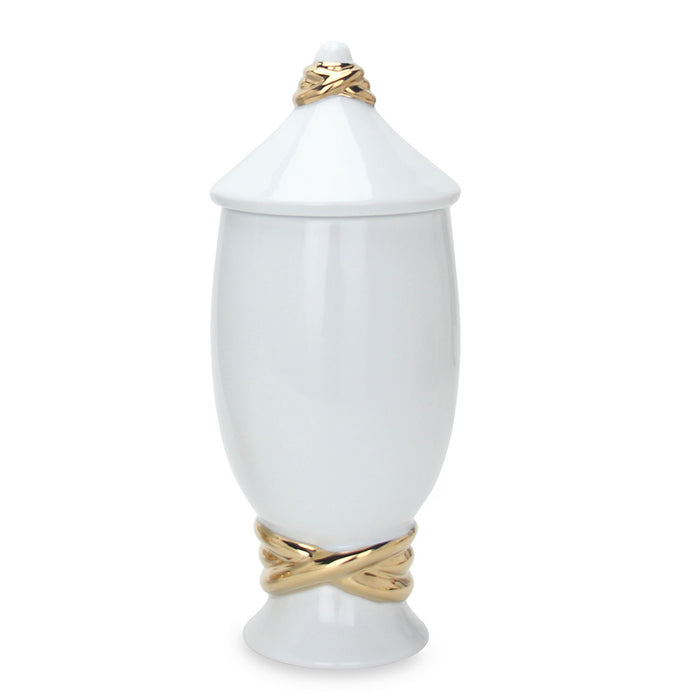 White Ceramic Decorative Jar With Gold Accent And Lid