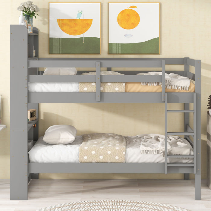 Twin Over Twin Bunk Beds With Bookcase Headboard, Safety Rail And Ladde - Grey