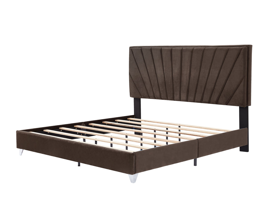 B108 King Bed With One Nightstand, Beautiful Line Stripe Cushion Headboard, Strong Wooden Slats And Metal Legs With Electroplate - Brown