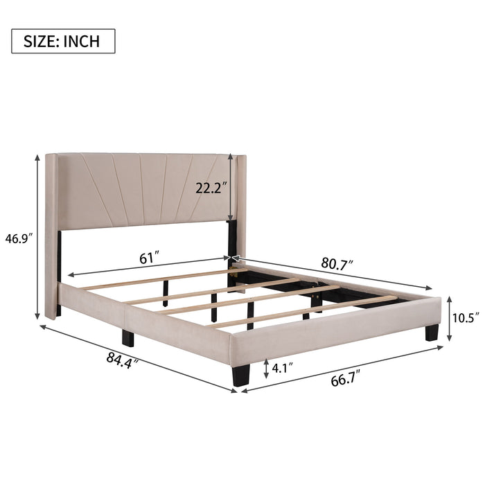 Queen Size Velvet Upholstered Platform Bed, Box Spring Needed Beige