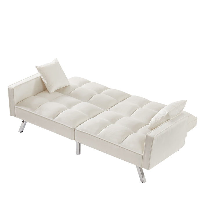 Cream White Velvet Sofa Couch Bed With Armrests And 2 Pillows For Living Room And Bedroom (White)