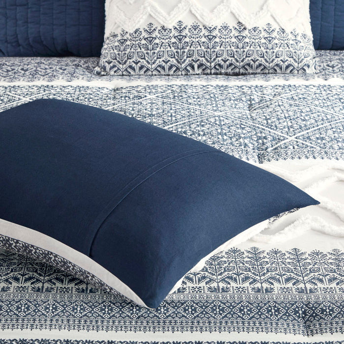 3 Piece Cotton Comforter Set With Chenille Tufting - Navy