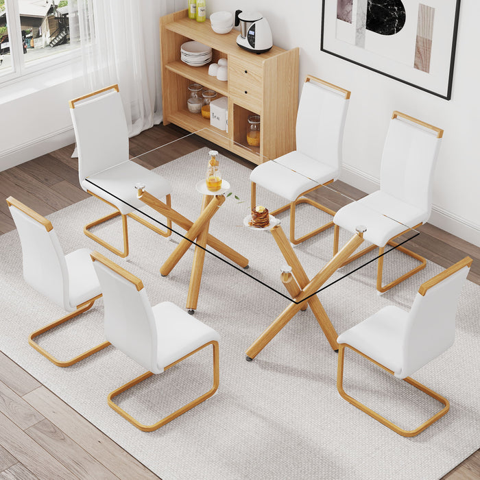 1 Table And 6 Chairs Glass Dining Table With Tempered Glass Tabletop And Wooden Metal Legs White PU Leather High Backrest Soft Padded Side Chair With Wooden Color C Shaped Tube Chrome Metal Leg