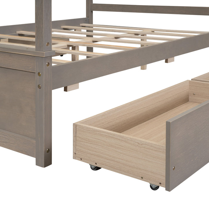 Wood Canopy Bed With Four Drawers, Full Size Canopy Platform Bed With Support Slats .No Box Spring Needed, Brushed Light Brown