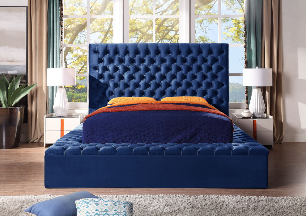 Contemporary Velvet Upholstered Bed With Storage Locker, Deep Button Tufting, Solid Wood Frame, High - Density Foam, King Size - Blue