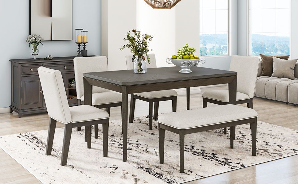 Topmax 6 Piece Dining Table Set With Upholstered Dining Chairs And Bench, Farmhouse Style, Tapered Legs, Dark Gray / Beige