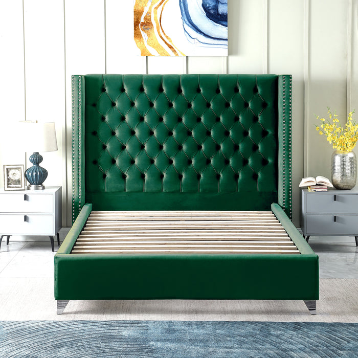 Contemporary Velvet Upholstered Bed With Deep Button Tufting, Solid Wood Frame, High - Density Foam, Silver Metal Leg, Queen Size - Green