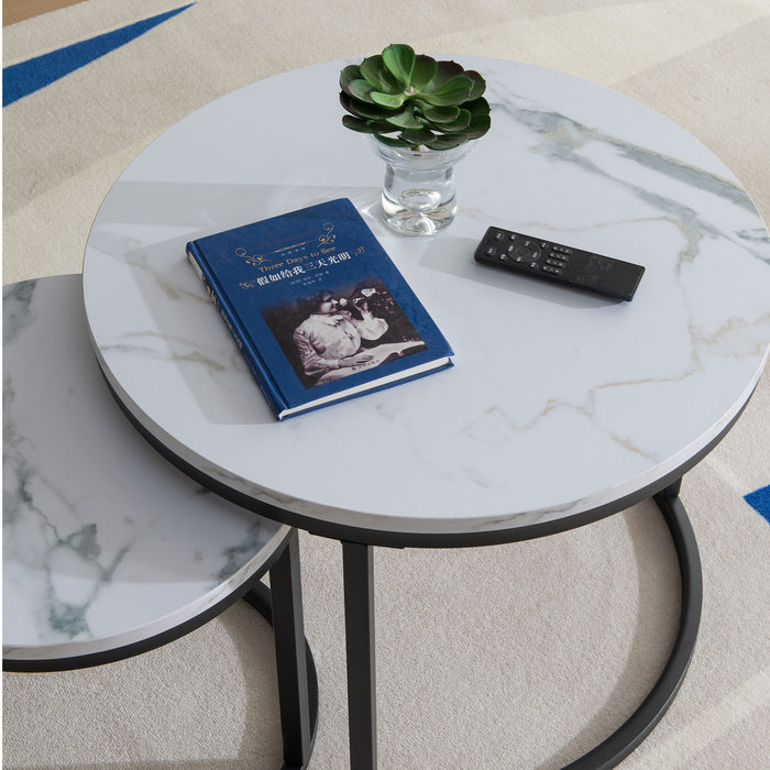 Modern Nesting Coffee Table, Black Metal Frame With Marble Color Top -23.6"