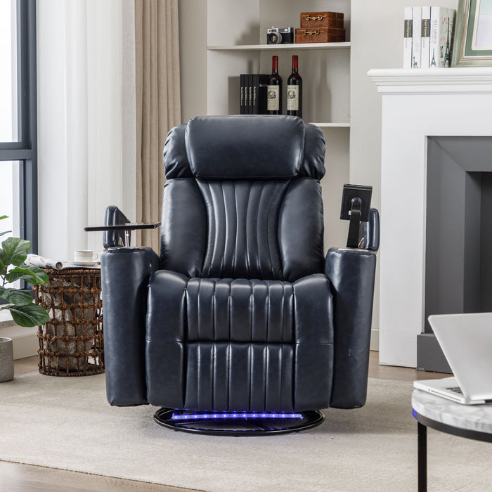 270° Power Swivel Recliner, Home Theater Seating With Hidden Arm Storage And Led Light Strip, Cup Holder, 360° Swivel Tray Table, And Cell Phone Holder, Soft Living Room Chair, Blue