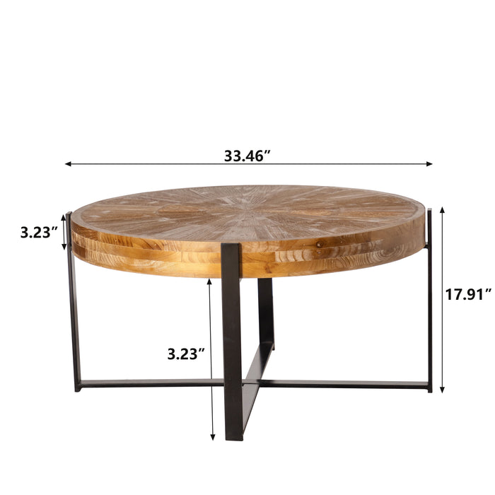 Retro Drawing Technology Splicing Round Coffee Table, Fir Wood Table Top With Black Cross Legs Base