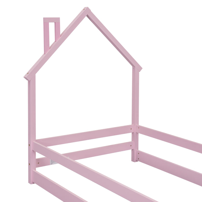 Twin Size Wood Bed With House-Shaped Headboard Floor Bed With Fences, Pink
