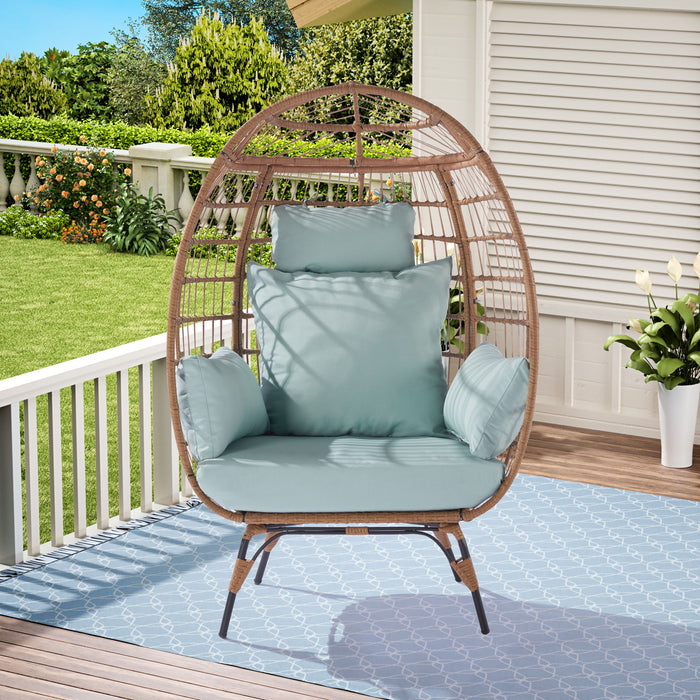 Wicker Egg Chair, Oversized Indoor Outdoor Lounger For Patio, Backyard, 5 Cushions, Steel Frame - Light Blue