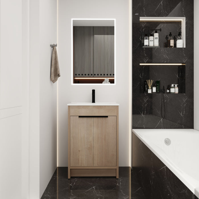 Freestanding Bathroom Vanity With Sink, 2 Soft-Close Cabinet Doors - Light Oak