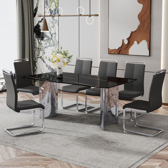Modern Minimalist Dining Table The Black Imitation Marble Glass Desktop Is Equipped With Silver Metal Legs Suitable For Restaurants And Living Rooms