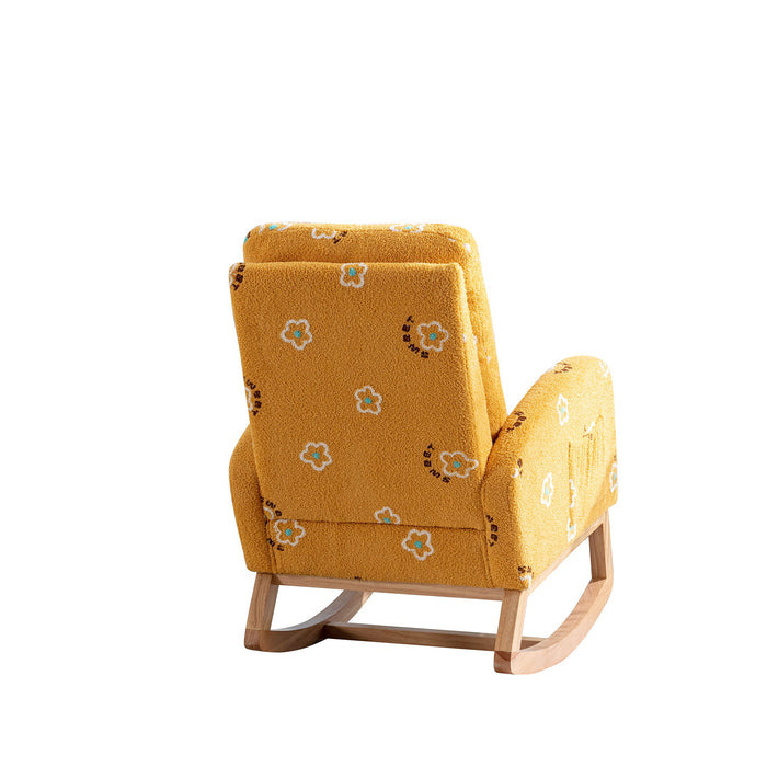 26.8"W Modern Rocking Chair For Nursery, Mid Century Accent Rocker Armchair With Side Pocket, Upholstered High Back Wooden Rocking Chair For Baby Kids Room Bedroom, Mustard Boucle