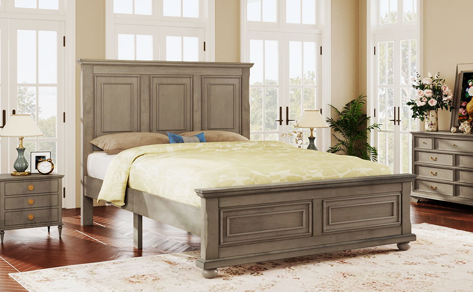 Traditional Town And Country Style Pinewood Vintage Full Bed, Stone