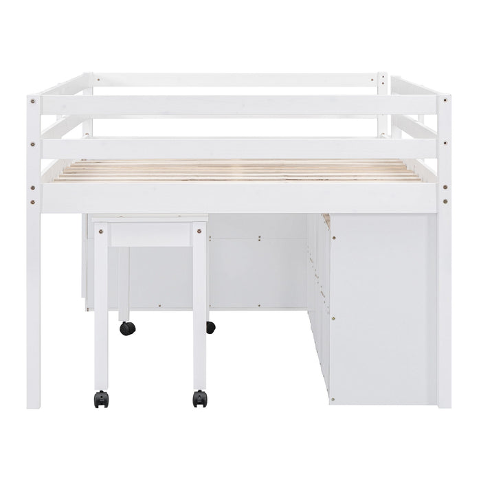 Full Size Loft Bed With Retractable Writing Desk And 4 Drawers, Wooden Loft Bed With Lateral Portable Desk And Shelves, White