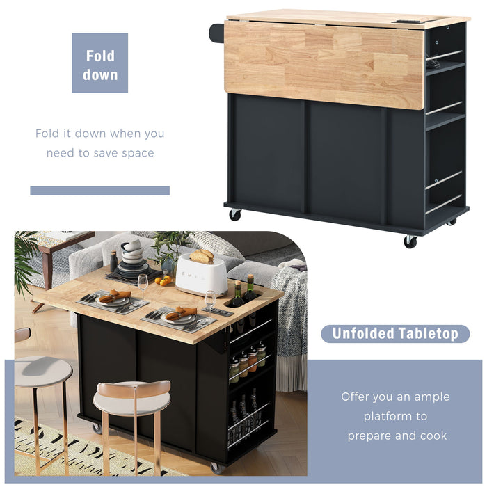 Kitchen Island With Power Outlet, Kitchen Storage Island With Drop Leaf And Rubber Wood, Open Storage And Wine Rack, 5 Wheels, With Adjustable Storage For Home, Kitchen, And Dining Room, Black