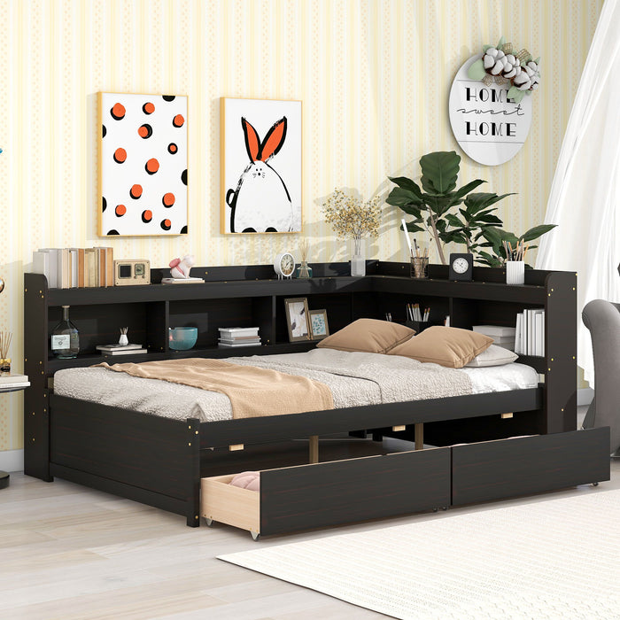 Full Bed With L-Shaped Bookcases, Drawers, Espresso