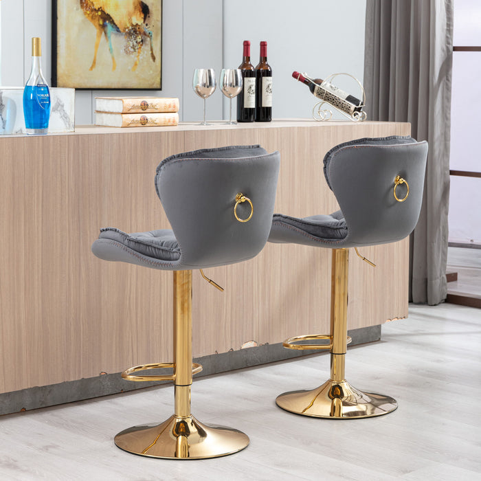 (Set of 2) Bar Stools, With Chrome Footrest And Base Swivel Height Adjustable Mechanical Lifting Gray Velvet And Golden Leg Simple Bar Stool