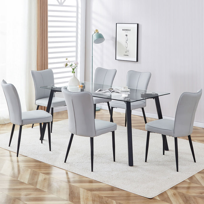 Table And Chair Set, 1 Table And 4 Light Grey Chairs, Glass Dining Table With 0.31" Tempered Glass Tabletop And Black Coated Metal Legs, Equipped With Light Grey PU Chairs