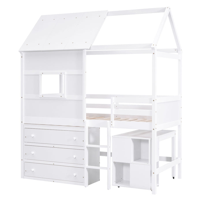 Twin Size House Loft Bed With Storage Desk And 3 Drawer Chest, White