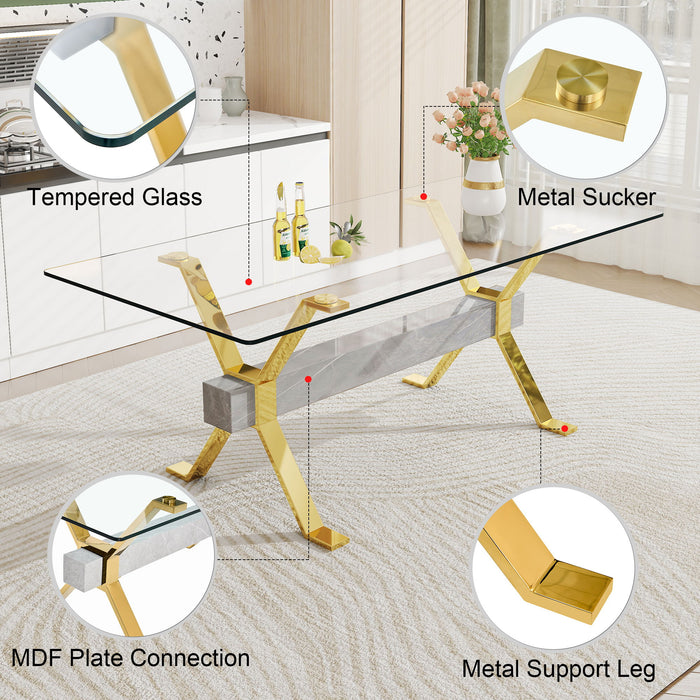1 Table And 8 Chairs Modern, Simple And Luxurious Tempered Glass Rectangular Dining Table And Desk With 8 White PU Gold